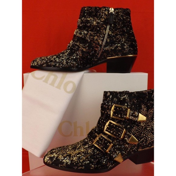 CHLOE SUSANNA BLACK VELVET GOLD STUDS BUCKLES MOTORCYCLE ANKLE BOOTS 40.5 10.5 - Picture 3 of 12